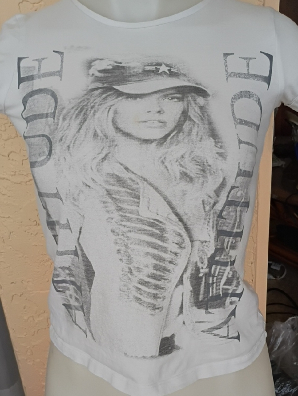 Graphic White Tee with Gray Vintage Model Print